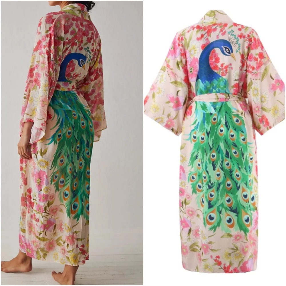 Boho Floral Tropical Peacock Print Cover up Kimono - Picture 1 of 8